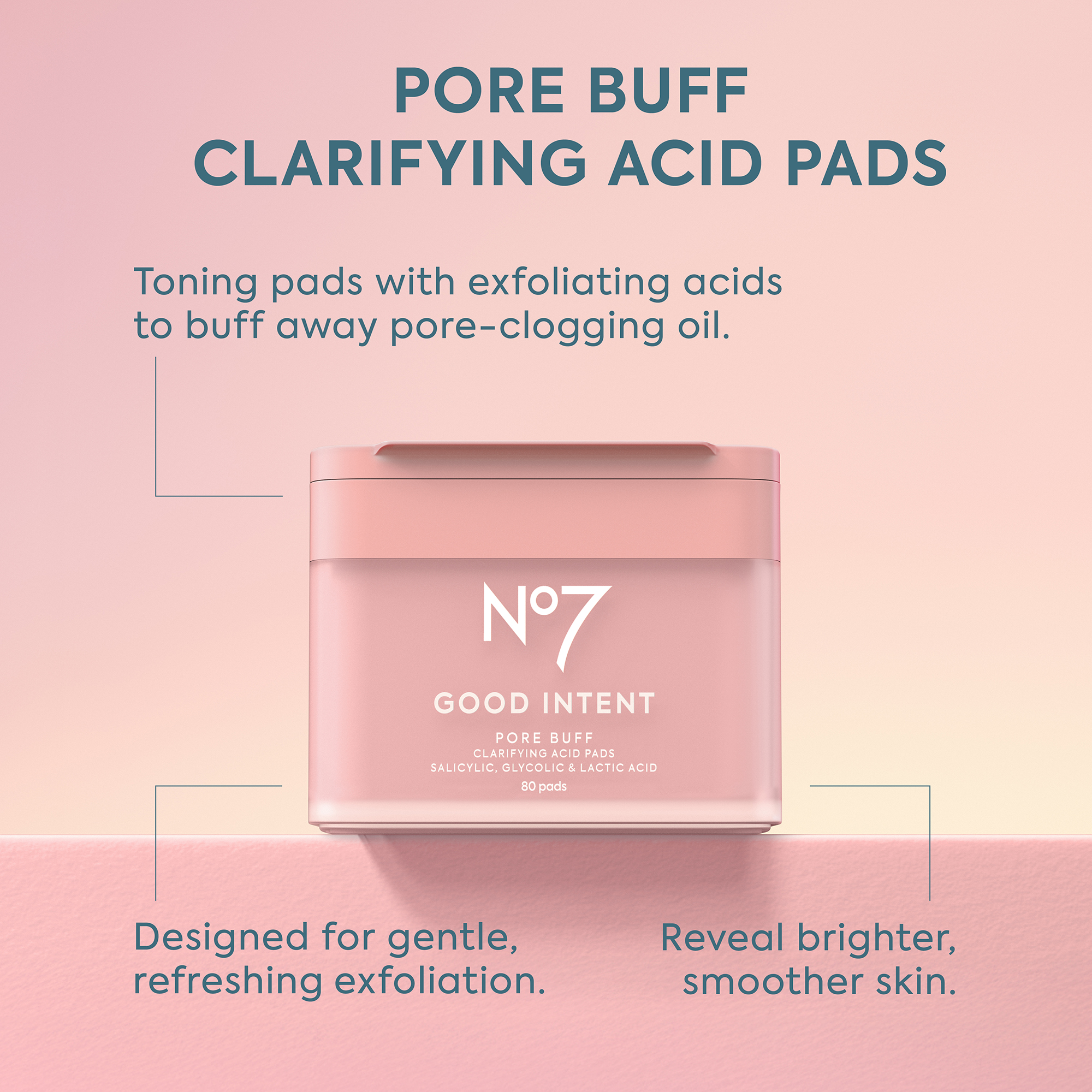 Image - A pink and peach gradient background highlights a pink rectangular jar of No7 skincare pads, with visible text reading PORE BUFF CLARIFYING ACID PADS, Toning pads with exfoliating acids to buff away pore-clogging oil, N°7 GOOD INTENT PORE BUFF CLARIFYING ACID PADS SALICYLIC, GLYCOLIC & LACTIC ACID 80 pads, Designed for gentle, refreshing exfoliation, and Reveal brighter, smoother skin.