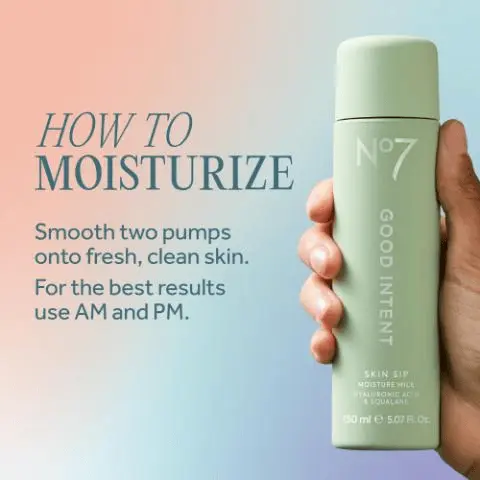 Image - A light green product bottle labeled N°7 GOOD INTENT SKIN SIP MOISTURE MILK with HYALURONIC ACID & SQUALANE and 150 ml e 5.07 Fl. Oz stands on a light green surface, accompanied by text that reads SKIN SIP MOISTURE MILK, A sip of hydration for dull, dry skin, Instant boost of moisture for a glowy, glass-skin appearance, and Reveals a glow with a sheer, dewy finish.
