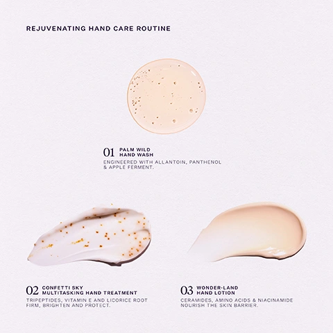Image 1 - The image displays three cosmetic product swatches and descriptive text on a white background, featuring a circular swatch of clear hand wash, a creamy white swatch with orange particles for hand treatment, and a smooth peach-toned cream swatch for hand lotion, with visible text reading REJUVENATING HAND CARE ROUTINE, 01 PALM WILD HAND WASH ENGINEERED WITH ALLANTOIN, PANTHENOL & APPLE FERMENT, 02 CONFETTI SKY MULTITASKING HAND TREATMENT TRIPEPTIDES, VITAMIN E AND LICORICE ROOT FIRM, BRIGHTEN AND PROTECT, and 03 WONDER-LAND HAND LOTION CERAMIDES, AMINO ACIDS & NIACINAMIDE NOURISH THE SKIN BARRIER. Image 2 - A peach-colored gel with wavy texture and bubbles over a green band with text that reads KEY INGREDIENTS, PALM WILD, Panthenol BIOACTIVE VITAMIN B5 BOOSTS MOISTURE LEVELS, Allantoin ACCELERATES SKIN RENEWAL & REPAIR, Apple Ferment NEUTRALIZES SKIN DAMAGING FREE RADICALS. Image 3 - A close-up of white cream with scattered orange microspheres and wavy textures, with text KEY INGREDIENTS, CONFETTI SKY, and below on a peach background: Licorice Root VISIBLY BRIGHTENS & IMPROVES PIGMENTATION, Tripeptide Blend DELIVERS DRAMATIC SKIN REJUVENATION, Vitamin E Microspheres NEUTRALIZE SKIN-DAMAGING FREE RADICALS. Image 4 - A close-up of light pink cosmetic cream with streaks on a light background, and a light green section at the bottom, displays the text KEY INGREDIENTS, WONDER·LAND, Ceramide Blend RESTORES MOISTURE & SKIN RESILIENCE, Prebiotic Inulin PREBIOTIC SUPPORT FOR THE DELICATE SKIN MICROBIOME, and Rhodiola Rosea RESISTS AND REPAIRS SIGNS OF SKIN STRESS. Image 5 - A light pink cream or mask with textured streaks across the surface, with visible text reading KEY INGREDIENTS, SUNDAY SOFA, Rambutan Leaf BOOSTS COLLAGEN & ELASTIN FIBER DENSITY, Shea Butter AN EMOLLIENT TO PROMOTE DEEP DERMAL HYDRATION, and Siberian Ginseng ALLEVIATES CELLULAR STRESS & INFLAMMATION. Image 6 - A textured light brown product with darker flecks and swirls on the top half, with a light purple section at the bottom, displays the text KEY INGREDIENTS VIOLET HAZE Chia Seed Oil A SKIN SUPERFOOD RICH IN PHYTONUTRIENTS Prebiotic Inulin PREBIOTIC SUPPORT FOR THE DELICATE SKIN MICROBIOME Cocoa Butter A PROTECTIVE EMOLLIENT TO REPLENISH SKIN LIPIDS. Image 7 - A light purple Joon Byrd cosmetic jar is shown with rock sugar crystals and chia seeds on a light purple background, accompanied by text reading SCIENTIFICALLY VALIDATED RESULTS, 48 hr AGREE DEAD SKIN CELLS ARE EFFECTIVELY REMOVED, 92% REPORT THEIR SKIN IS PERFECTLY POLISHED, 90% SAW MORE RADIANT SKIN, and INDEPENDENT USER TRIAL OF 113 PARTICIPANTS AFTER 14 DAYS OF DAILY PRODUCT USE. Image 8 - A beige-brown granular skin product swatch on a white background lists KEY INGREDIENTS Chia Seed Oil A SKIN SUPERFOOD RICH IN PHYTONUTRIENTS, Prebiotic Inulin PREBIOTIC SUPPORT FOR THE DELICATE SKIN MICROBIOME, and Cocoa Butter A PROTECTIVE EMOLLIENT TO REPLENISH SKIN LIPIDS. Image 9 - The image shows two product swatches on a white background: a light brown granular body scrub on the left and a pale pink smooth body butter on the right, with the text Polish & Hydrate, 01 Violet Haze Body Scrub Fine Sugar & Chia Seed Granules Gently Exfoliate, and 02 Sunday Sofa Body Butter Fortified with Rambutan Leaf, Prebiotic Inulin and Shea Butter. Image 10 - Close-up of a light brown textured cream with dark specks spread in wavy patterns, with a light purple banner below it featuring text that reads KEY INGREDIENTS, VIOLET HAZE, Chia Seed Oil A SKIN SUPERFOOD RICH IN PHYTONUTRIENTS, Prebiotic Inulin PREBIOTIC SUPPORT FOR THE DELICATE SKIN MICROBIOME, Cocoa Butter A PROTECTIVE EMOLLIENT TO REPLENISH SKIN LIPIDS.