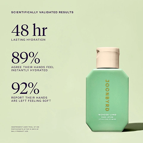 Image 1 - A pale mint green rectangular hand lotion bottle with a light peach cap stands on the right, while text on the left highlights product benefits: SCIENTIFICALLY VALIDATED RESULTS, 48 hr LASTING HYDRATION, 89% AGREE THEIR HANDS FEEL INSTANTLY HYDRATED, 92% REPORT THEIR HANDS ARE LEFT FEELING SOFT, and an INDEPENDENT USER TRIAL OF 109 PARTICIPANTS AFTER 14 DAYS OF DAILY PRODUCT USE disclaimer, with the bottle displaying JOONBYRD, WONDER•LAND, HAND LOTION, LOTION POUR LES MAINS. Image 2 - A cream-colored cosmetic product swatch is shown next to the text KEY INGREDIENTS, Ceramide Blend RESTORES MOISTURE & SKIN RESILIENCE, Prebiotic Inulin PREBIOTIC SUPPORT FOR THE DELICATE SKIN MICROBIOME, and Rhodiola Rosea RESISTS AND REPAIRS SIGNS OF SKIN STRESS. Image 3 - A split image displays a clear amber liquid with bubbles on the left, representing hand wash, and a creamy peach-colored lotion swirl on the right, representing body lotion, alongside the text CLEANSE & REPLENISH, 01 PALM WILD HAND WASH ENGINEERED WITH ALLANTOIN, PANTHENOL & APPLE FERMENT, 02 WONDER-LAND BODY LOTION CERAMIDES, AMINO ACIDS & NIACINAMIDE PROTECT THE SKIN BARRIER. Image 4 - The image displays streaks of light pink skincare product over a light background with a green band at the bottom, and includes the text: KEY INGREDIENTS, WONDER-LAND, Ceramide Blend RESTORES MOISTURE & SKIN RESILIENCE, Prebiotic Inulin PREBIOTIC SUPPORT FOR THE DELICATE SKIN MICROBIOME, and Rhodiola Rosea RESISTS AND REPAIRS SIGNS OF SKIN STRESS.
