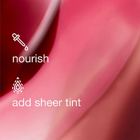 Image 1 - Red and pink background with a dropper icon and the text nourish, and a stylized drop icon and the text add sheer tint. Image 2 - Two smiling women, one with fair skin and one with dark skin, show glossy lips with the text Models wear Nude Honey. Image 3 - Text lists Formula facts: Dermatologist tested, Allergy tested, 100% fragrance free, Free of: Fragrance, next to swatches of dark red and pink liquid.