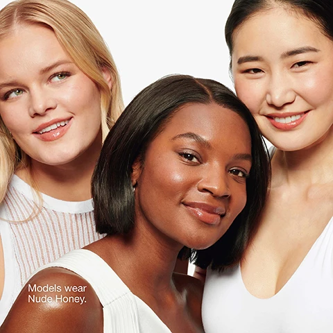 Image 1 - A close-up portrait of three smiling women with the text Models wear Nude Honey. Image 2 - Close-up of cosmetic swatches in shades of pink and red with a liquid drop icon and the text add sheer color.