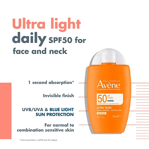 Image 1 - An orange sunscreen bottle labeled Ultra light daily SPF50 for face and neck with text indicating 1 second absorption, Invisible finish, UVB/UVA & BLUE LIGHT SUN PROTECTION, and For normal to combination sensitive skin.
              Image 2 - A bottle of Avene sunscreen with an orange label displays SPF 50, highlights its ultra-light texture, non-sticky formula, UVA/UVB protection, and claims of 4-hour hydration, along with the text Eau Thermale Avène and Ultra Fluid Peaux sensibles - Sensitive skin.
              Image 3 - A bottle of Avene SPF 30 sun spray is shown with the label indicating Invisible finish, UVB & UVA sun protection, water, sweat & sand resistant, and suitable for all skin types, alongside details such as 200 ml and Made in France.
              Image 4 - A bottle of Avène sun care spray with a bright orange design labeled as SPF 30, featuring claims such as invisible finish, hydrating, water, sweat, and sand resistant, and UVB & UVA sun protection.