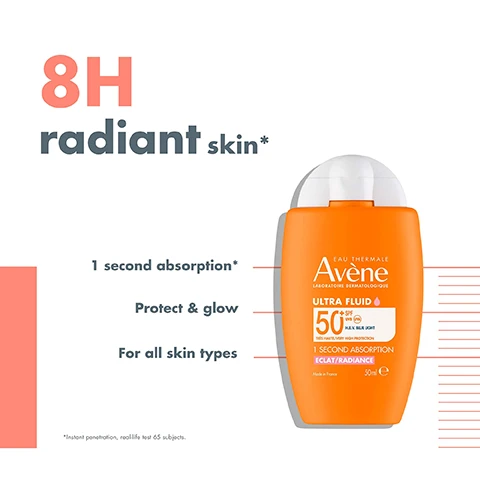 Image 1 - An orange bottle of Avene sunscreen labeled ULTRA FLUID SPF 50+ is shown with captions highlighting features such as 8H radiant skin, 1 second absorption, Protect & glow, and For all skin types.
              Image 2 - A bottle of Avène Ultra Fluid sunscreen with SPF 50 is shown, featuring an orange label with descriptions of its qualities: UVA/UVB HEV blue light protection, ultra-light texture, radiant finish, and suitability as a good make-up base.
              Image 3 - A white spray bottle labeled Eau Thermale with orange accents, surrounded by icons depicting hydration, makeup friendliness, after-sun use, cooling spray, and relief from itching sensations, along with the text 150 ml and Made in France.
              Image 4 - A cylindrical white bottle labeled Avène Eau Thermale features text stating Soothing, softening & refreshing, and includes information about its suitability for sensitive skin, vegan status, and that it contains 100% natural origin ingredients, along with a mention of 65% skin sensitivity reduction.