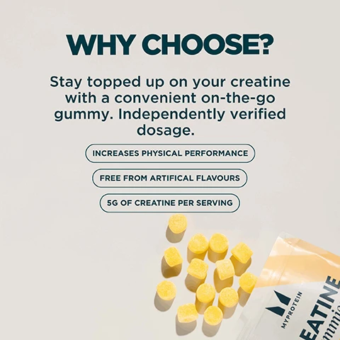 Image 1 - An image advertising creatine gummies shows a pile of yellow gummies next to an open Myprotein pouch, with text explaining product benefits: WHY CHOOSE? Stay topped up on your creatine with a convenient on-the-go gummy. Independently verified dosage. INCREASES PHYSICAL PERFORMANCE. FREE FROM ARTIFICIAL FLAVOURS. 5G OF CREATINE PER SERVING. MYPROTEIN CREATINE GUMMIES. Image 2 - A close-up of many yellow, sugar-coated gummies with the text 1g OF PURE CREATINE MONOHYDRATE IN EVERY GUMMY. Image 3 - A white box displays a table of active ingredients under the heading Nutritional Information, showing Daily Serving 5 Gummies and Creatine 5.0g.