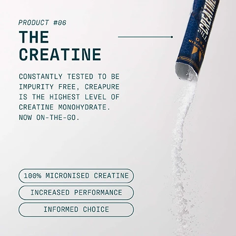 Image 1 - A blue supplement sachet labeled The CREATINE PROTEIN PRO is pouring white powder onto a light surface, with text on the left reading PRODUCT #06 THE CREATINE, CONSTANTLY TESTED TO BE IMPURITY FREE, CREAPURE IS THE HIGHEST LEVEL OF CREATINE MONOHYDRATE. NOW ON-THE-GO. Below this are three outlined labels stating 100% MICRONISED CREATINE, INCREASED PERFORMANCE, and INFORMED CHOICE. Image 2 - The image displays the Creapure logo, a white rectangle with a green outline and the word Creapure in green with a registered trademark symbol, above descriptive text which reads: Creapure® is a premium creatine monohydrate produced in Germany. The purest and most researched form of creatine monohydrate. Image 3 - An aerial view of dark, wavy water with a person swimming on the right side, along with a logo and text on the left that reads: INFORMED with a green checkmark and WE TEST • YOU TRUST, followed by CHOICE and Every month, blind samples are pulled from our site and third-party tested for banned substances. Image 4 - A silhouetted person stands on a rocky cliff overlooking a misty lake and mountains under a blue sky, with the text PRO IS A MINDSET ITS COMMITMENT, DEDICATION, AND CONSISTENCY IN EVERY ASPECT OF LIFE. PRO IS BUILT TO SUPPORT HIGH-PERFORMANCE LIVING AND PEAK PHYSICAL PERFORMANCE. Image 5 - A person holds an open dark blue tub of white creatine powder, with other workout supplements in the blurred background, alongside text that reads UKS NO. 1 SPORTS NUTRITION BRAND Consistency, quality, and over 20 years of getting it right. Backed by Euromonitor, the global authority on market data. The tub itself has text MYPROTEIN PRO The Creatine UNFLAVOURED, 5g Creapure, Increases Performance. Source Euromonitor International Limited; Consumer Health 2025 edition, retail value sales (RSP), all retail channels, 2024 data.