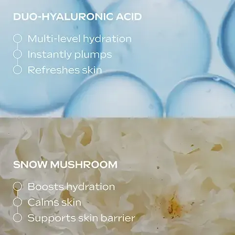 Image 1 - The image features two sections: the top displays large blue spheres with text Duo-Hyaluronic Acid, Multi-level hydration, Instantly plumps, Refreshes skin; the bottom shows white textured Snow Mushroom with text Snow Mushroom, Boosts hydration, Calms skin, Supports skin barrier. Image 2 - A hand holds a dollop of cream on its palm with an index finger touching it, next to the text Application, followed by instructions: Use 2-3 drops pure or Mix with your face cream (e.g. Skin Food Nourishing Day Cream) Apply and boost effect! Image 3 - The image displays three Weleda Serum Drops bottles on a purple background as part of a Dewy Glow Routine, detailing AM Hyaluronic Moisture & Glow Drops for a dewy, natural glow, and PM Extra Rich Omega Serum for barrier repair & deeply nourished skin, with the bottles themselves labeled Weleda Natural Science Hyaluronic Moisture Serum Drops with snow mushroom, Weleda Natural Science Dewy Glow Serum Drops with snow mushroom, and Weleda Natural Science Extra Rich Omega Serum Drops with avocado oil. Image 4 - A close-up of a smiling blonde womans face with glowing skin is shown against a purple background, with a white line pointing to her cheek, and white text reads 24h moisture boost. Image 5 - A close-up of a persons face shows a hand applying a lightweight serum to their cheek, with the visible text Lightweight serum. Image 6 - A three-panel image demonstrating a skincare routine featuring Weleda Hyaluronic Moisture Serum Drops; the top left shows a hand holding the blue serum bottle labeled WELEDA NATURAL SCIENCE Hyaluronic Moisture SERUM DROPS With Snow Mushroom with overlay text Drop it!, the top right shows hands mixing a cream with overlay text Mix it!, and the bottom shows a smiling woman holding the serum bottle near her face with overlay text Boost it!