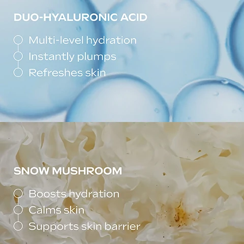 Image 1 - The image features two sections: the top displays large blue spheres with text Duo-Hyaluronic Acid, Multi-level hydration, Instantly plumps, Refreshes skin; the bottom shows white textured Snow Mushroom with text Snow Mushroom, Boosts hydration, Calms skin, Supports skin barrier. Image 2 - A hand holds a dollop of cream on its palm with an index finger touching it, next to the text Application, followed by instructions: Use 2-3 drops pure or Mix with your face cream (e.g. Skin Food Nourishing Day Cream) Apply and boost effect! Image 3 - The image displays three Weleda Serum Drops bottles on a purple background as part of a Dewy Glow Routine, detailing AM Hyaluronic Moisture & Glow Drops for a dewy, natural glow, and PM Extra Rich Omega Serum for barrier repair & deeply nourished skin, with the bottles themselves labeled Weleda Natural Science Hyaluronic Moisture Serum Drops with snow mushroom, Weleda Natural Science Dewy Glow Serum Drops with snow mushroom, and Weleda Natural Science Extra Rich Omega Serum Drops with avocado oil. Image 4 - A close-up of a smiling blonde womans face with glowing skin is shown against a purple background, with a white line pointing to her cheek, and white text reads 24h moisture boost. Image 5 - A close-up of a persons face shows a hand applying a lightweight serum to their cheek, with the visible text Lightweight serum.