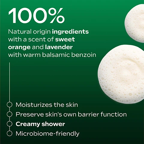 Image 2 - The image shows two white, frothy foam shapes on a dark green background, with text that reads: 100% Natural origin ingredients with a scent of sweet orange and lavender with warm balsamic benzoin Moisturizes the skin Preserve skins own barrier function Creamy shower Microbiome-friendly. Image 3 - A close-up shows a persons shoulder and lower face with smooth, glowing skin, next to the text 95% agreed: The product gives a beautiful skin feeling, and a footnote reads *in-use study with 40 subjects after 2 weeks of once to twice daily product use as body wash. Image 4 - A dark green background features a circular close-up of a green liquid with bubbles and green plant sprigs on the right, with the text 100% NATURAL, Skin Food Phyto Infusion, and with extracts of pansy, chamomile, calendula and rosemary.