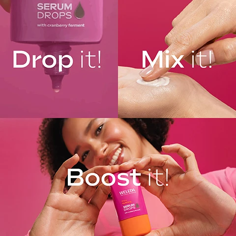 Image 1 - An image in three panels shows a pink bottle dispensing a drop, a hand mixing cream in a palm, and a smiling woman holding the pink and orange serum tube, with text reading Serum Drops with cranberry ferment, Drop it! Mix it! Boost it! Weleda Plant-Rich Refining Serum Drops with cranberry ferment. Image 2 - A split image features golden oil droplets on an orange background in the top half and close-up, glistening red cranberries in the bottom half, with text reading VITAMIN C + E brightens the skin + smoothing and CRANBERRY FERMENT moisturising. Image 3 - Close-up of a smiling person with clear, glowing skin, with the text Clearer, Smoother and Brighter skin. Image 4 - A persons hand with a dollop of cream on the back of it, while an index finger touches the cream, against a magenta background, with the text Application Use 2-3 drops pure or Mix with your face cream (e.g. Skin Food Nourishing Day Cream) Apply and boost effect! Image 5 - The image showcases a Weleda Clear Radiance Routine, displaying three Serum Drops bottles on a vibrant red background, featuring visible text that reads Clear Radiance Routine, with an AM section showing a pink and orange Pore Refining Serum Drops bottle with cranberry-formulated and a light pink and gold Pore Refining Serum Drops bottle, described as Pore Refining & Glow Perfection for a smooth, refined glow, and a PM section showing a blue and light pink Hyaluronic Moisture Serum Drops bottle with aloe vera & moss extract, described as Hyaluronic Moisture for perfectly moisturized skin, with all three bottles labeled WELEDA NATURAL BOTANICS. Image 6 - A smiling person with dark curly hair applies a white serum to their cheek, with the text Lightweight serum.