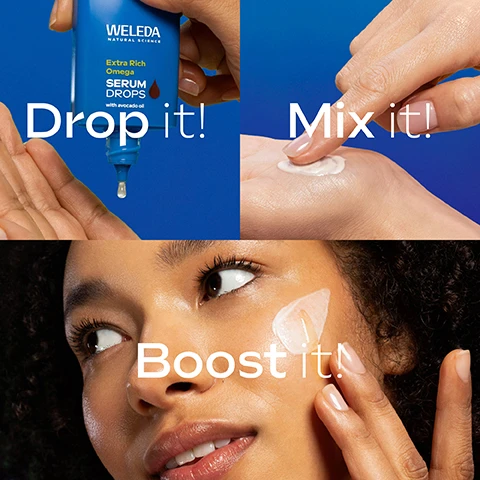 Image 1 - The image illustrates a three-step process, showing a hand dispensing Weleda Extra Rich Omega Serum Drops from a blue bottle onto another hand, then a hand mixing a cream and the serum together, and finally a woman applying the mixture to her face; the visible text reads Drop it! Mix it! Boost it! and the bottle reads WELEDA NATURAL SCIENCE Extra Rich Omega Serum DROPS with avocado oil. Image 2 - Close-up image divided into two sections: the top shows avocado halves with oil droplets and the text AVOCADO OIL nourishes and cares intensively, while the bottom displays golden oil droplets with the text OMEGA 3-6-9 fatty acids strengthen the skin barrier. Image 3 - A close-up of a smiling person with healthy, glowing skin and glossy lips, alongside text that reads Strong skin barrier and Intensive nourishment. Image 4 - A persons hands demonstrate applying a product, with one hand holding cream and the other dabbing it, next to instructions that read Application, Use 2-3 drops pure or, Mix with your face cream (e.g. Skin Food Nourishing Day Cream), Apply and boost effect! Image 5 - Three Weleda serum bottles are displayed on a blue background illustrating a Clear Radiance Routine, with text visible that states Clear Radiance Routine, AM, Hyaluronic Moisture & Glow Perfecting Serum Drops for hydrated and glowy skin, PM, Extra Rich Omega Serum for barrier repair & deeply nourished skin, and individual bottle labels reading Weleda Natural Science, Hyaluronic Moisture, Serum Drops with Hyaluronic Acid, Glow Perfecting, Serum Drops with Hyaluronic Acid, and Extra Rich Omega, Serum Drops with Avocado Oil. Image 6 - A close-up of a persons face shows a finger applying a two-toned white and yellow serum to their cheek, accompanied by the text Oil-based serum.