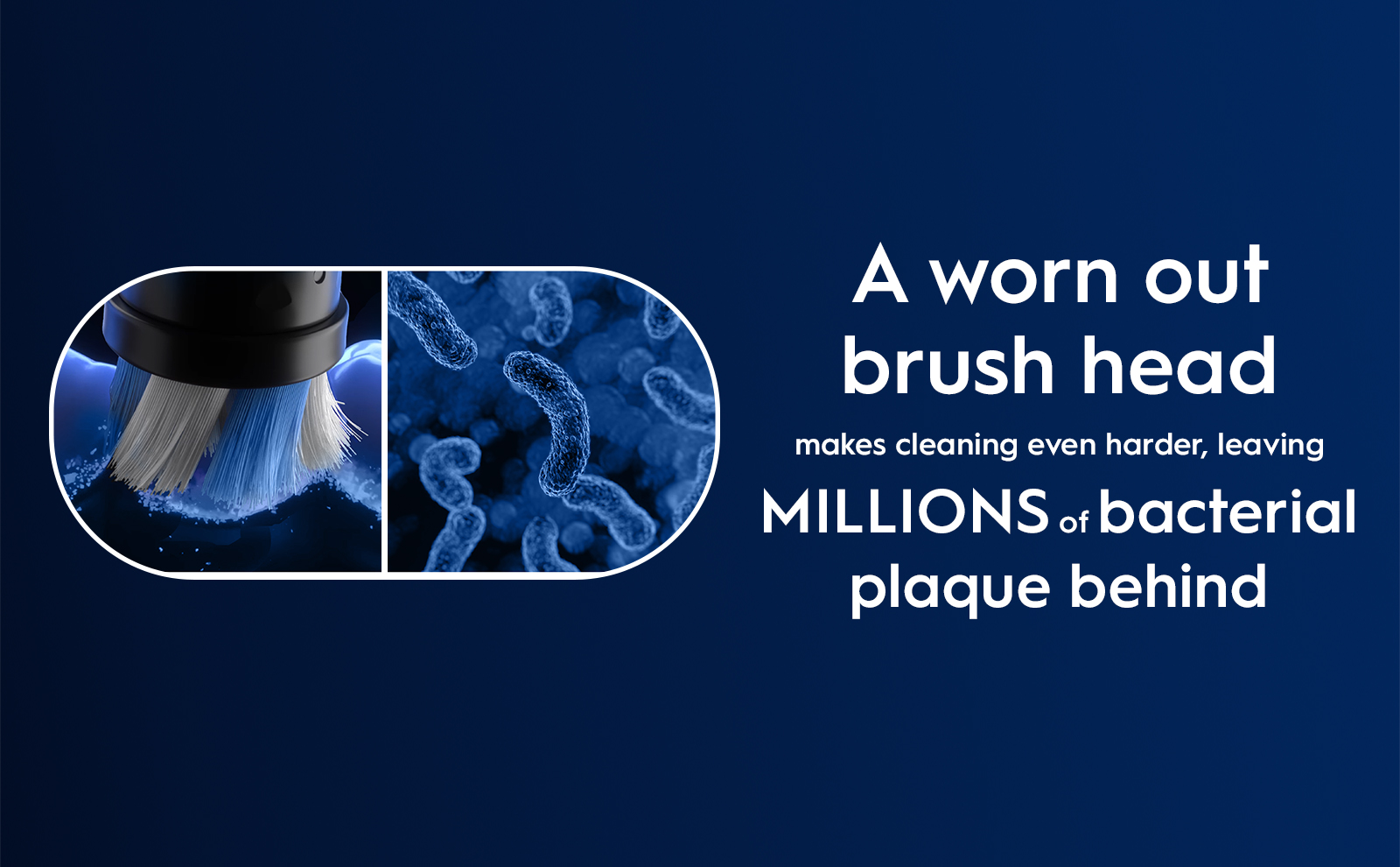 A worn out brush head makes cleaning even harder, leaving MILLIONS of bacterial plaque behind