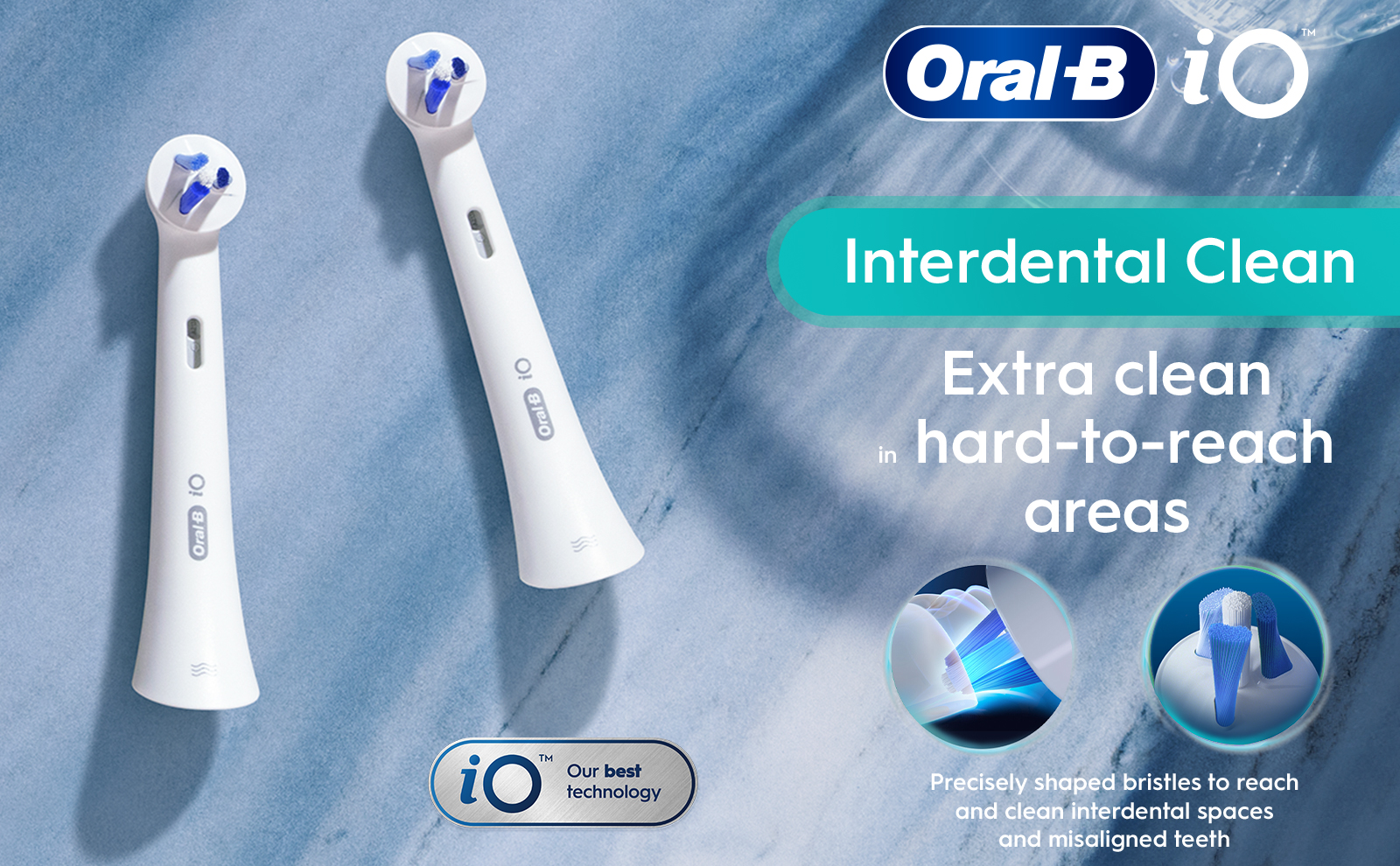 Oral-B iO Ultimate Clean brush heads with angled bristles that adapt to tooth surfaces.