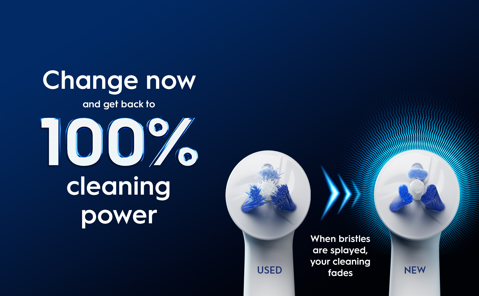 Used and new Oral-B brush heads side by side to show when it's time to change.
