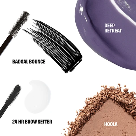 Image 10 - A pink glittery mascara tube with its black wand emerging and a black mascara swatch on a blue background, accompanied by text that reads 96% said lashes feel weightless*, 93% said lashes look fluffy*, 95% said lashes look evenly separated*, *self-evaluation by 116 participants after 1 week. Image 2 - A collage of cosmetic products featuring a black mascara wand with a thick swipe of black mascara, a glossy purple liquid swatch, a clear brow gel swatch next to a clear mascara-like wand, and a pile of brown bronzer powder, with visible text reading BADGAL BOUNCE, DEEP RETREAT, 24 HR BROW SETTER, and HOOLA. Image 3 - A split image shows a close-up of a persons face before and after a treatment, with the left BEFORE side featuring skin with visible pores and the right IMMEDIATE AFTER side showing smoother skin with less visible pores, both sides including a magnified inset of the skin texture, and text reads BEFORE IMMEDIATE AFTER The POREfessional Deep Retreat *results may vary. Image 4 - A split image of a womans face shows her natural skin tone on the left and a bronzed, sun-kissed skin tone on the right, with text that reads BEFORE, BRONZED UP, and Model is wearing Hoola. Image 5 - A split image of a womans face showing a before and after comparison of her right eyebrow, with the left side labeled BEFORE displaying her natural eyebrow and the right side labeled LOOKIN LIFTED showing a fuller, lifted eyebrow, with the text Model Is wearing 24 HR Brow Setter also visible. Image 6 - A before and after comparison showing a persons eyes with natural lashes in the top half and significantly lengthened, volumized, and darkened lashes in the bottom half. Text in the image reads: BEFORE, BEYOND BOUNCY, Model is wearing BADGal Bounce. Image 7 - A light purple round container with dark purple polka dots and a silver rim, labeled the PORE fessional DEEP RETREAT pore-clearing clay mask masque à largile désincrustant benefit, sits on a textured purple background with text that reads 92% said pores feel deeply purified instantly*, 96% said skin looks clearer over time**, 12-hour mattifying***, and small print at the bottom stating *self-evaluation by 112 participants after 1 use **self-evaluation by 112 participants after 1 month ***instrumental test on 32 participants. Image 8 - A black mascara wand is shown on a pink background with text reading: 24-HOUR BROW SETTER. Dual-sided wand lifts & locks brows in place. 24-hour* staying power. Quick dry & mess-free. *instrumental test on 21 participants.