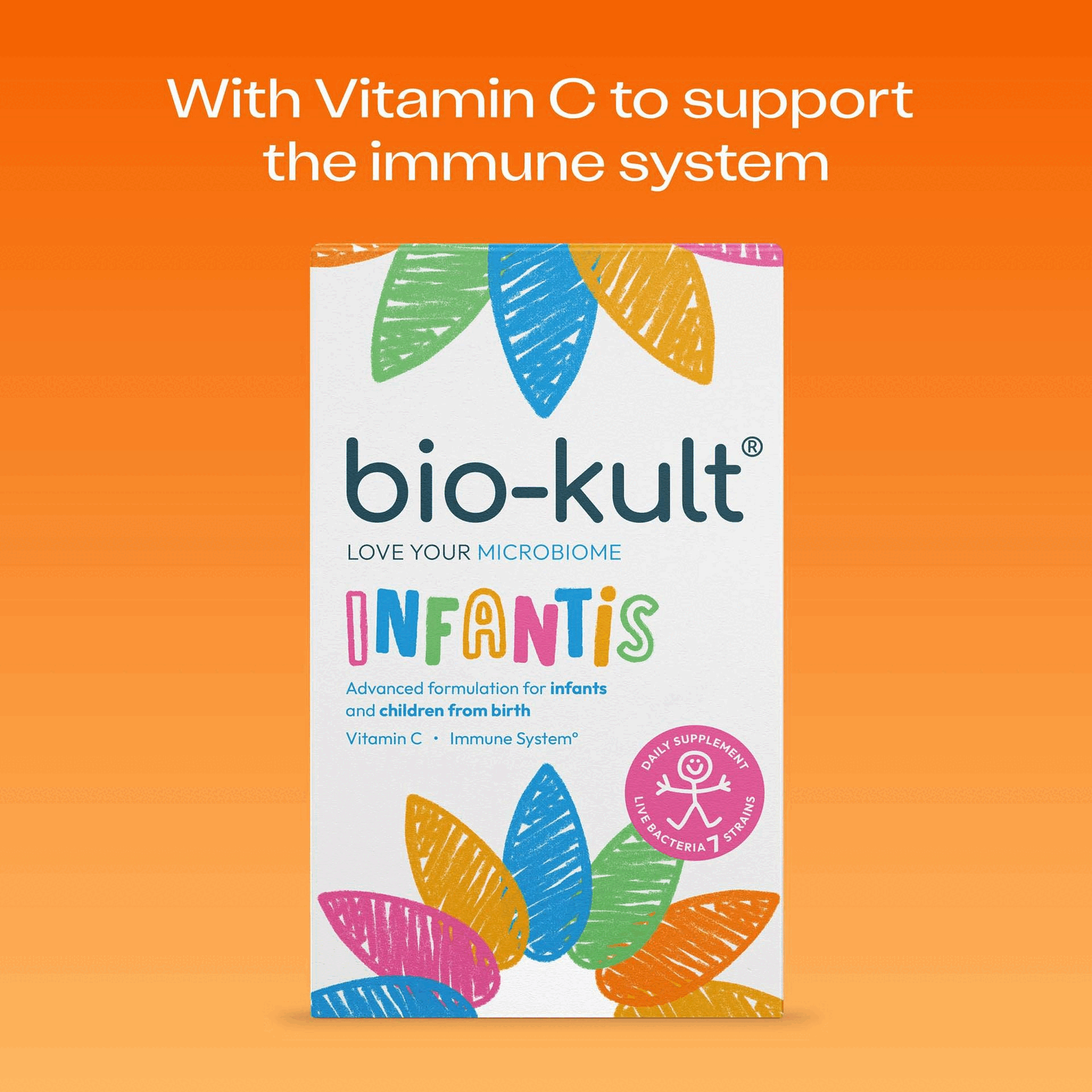 Image 2 - A box of bio-kult INFANTIS probiotic supplement with colorful leaf designs, featuring text that reads With Vitamin C to support the immune system, bio-kult, LOVE YOUR MICROBIOME, Advanced formulation for infants and children from birth, Vitamin C - Immune System, and DAILY SUPPLEMENT LIVE BACTERIA 7 STRAINS.
              Image 3 - A hand holding a sachet of bio-kult infantis with a gradient orange background, featuring the text One sachet daily and Can be added to food, water or milk.
              Image 4 - A colorful package of Bio-Kult Infantis probiotic supplement shows 30 sachets in a pack, details benefits like gut-friendly bacteria and vitamin C, and highlights that it is suitable for infants and children from birth, with a graphic of a happy child