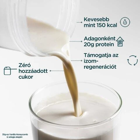 Image 1 - A creamy white liquid is poured from a container into a glass, with text describing product features including Kevésbé mint 150 kcal, Adagonként 20g protein, Támogatja az izom-regenerációt, Zéró hozzáadott cukor, and 35g-os Vanilla Honeycomb íz adagja alapján. Image 2 - A young man smiling from the chest up, wearing a grey t-shirt, stands next to text on a light background that reads: TUDOMÁNNYAL FEJLESZTVE, SPORTOLÓKKAL TESZTELVE. Saját, képzett táplálkozási szakértőink fejlesztésével. Folyamatos innováció a Teljesítmény Tanácsadó Testület – kutatók, orvosok és elit sportolók – iránymutatásával. Paul Smith-Johnson Head of Innovation. Image 3 - A hand holds a shaker bottle containing a light-colored liquid with the Myprotein logo visible, and overlaying text reads: EURÓPA NO. 1 SPORT-TÁPLÁLKOZÁSI MÁRKÁJA Következetesség, minőség és több mint 20 éves tapasztalat. Az Euromonitor – a piacvezető globális adatforrás – által alátámasztva. Forrás: Euromonitor International Limited; Consumer Health 2025, Sales by selling price (RSP), all distribution channels, data 2024. Image 4 - A dark-skinned person drinks from a clear protein shaker bottle in a green field, with text overlaying the image that reads NYOMONKÖVETHETŐSÉG AZ ELEJÉTŐL A VÉGÉIG, Szigorú biztonsági ellenőrzések mellett tesztelve káros szennyezőanyagokra, például nehézfémekre, mikrobákra és nem jelzett allergénekre, and a BRCGS Food Safety CERTIFICATED logo, while the word PROTEIN is visible on the bottle.