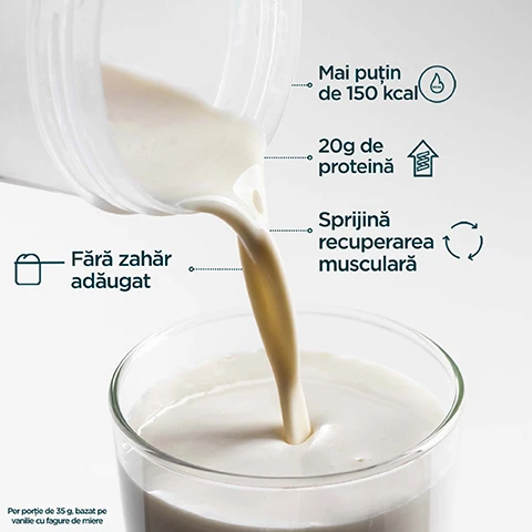 Image 1 - A light-colored liquid is being poured from a container into a glass, with text detailing product benefits: Fără zahăr adăugat, Mai puțin de 150 kcal, 20g de proteină, Sprijină recuperarea musculară, and Per porție de 35 g, bazat pe vanilie cu fagure de miere. Image 2 - Image features a smiling man in a grey t-shirt alongside the text BAZAT PE STIINȚĂ & APROBAT DE ATLEȚI. Creat de nutriționiști interni calificați. Inovație continuă ghidată de Comitetul nostru de consultanță pentru performanță. Format din cercetători experți, medici și sportivi de elită. Paul Smith-Johnson, Șef al Departamentului de Inovație. Image 3 - A hand holds a clear shaker bottle with a black lid and the Myprotein logo, filled with a light yellow drink, against a dark background with white text that reads: BRANDUL DE NUTRIȚIE SPORTIVĂ NR. 1 DIN EUROPA Consecvență, calitate, și peste 20 de ani de rezultate pozitive. Susținut de Euromonitor, autoritatea globală în materie de date de piață. Myprotein Sursa: Euromonitor International Limited; Consumer Health 2025 edition, vânzări cu amănuntul în valoare (PVC), toate canalele de distribuție, date 2024. Image 4 - A person drinks from a protein shaker bottle in a field, with a BRGS Food Safety CERTIFICATED logo in the bottom left; the visible text reads LOCALIZARE DE LA ÎNCEPUT PÂNĂ LA SFÂRȘIT Testate pentru contaminanți dăunători, cum ar fi metalele grele, microbii și alergenii nedeclarați - sub controale stricte de siguranță.