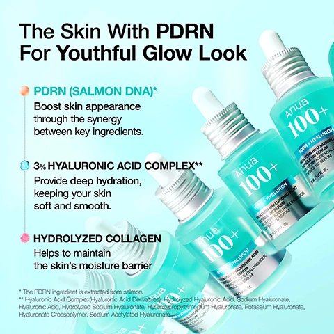 Image 1 - An image of several bottles of skincare serum with labels describing their ingredients and benefits, including PDRN (salmon DNA), 3% hyaluronic acid complex, and hydrolyzed collagen, all promoting a youthful glow and hydration.
              Image 2 - Image shows a close-up of a circular dish containing a light turquoise liquid, with the text Combination of Hydrating & Radiant Ingredients and Boost skin appearance through the synergy between key ingredients, along with the terms PDRN, Hyaluronic Acid, and Hydrolyzed Collagen.
              Image 3 - A close-up of a womans face with dewy skin applying a drop of serum with a dropper, accompanied by text instructions that read How To Use After using toner, apply an appropriate amount of serum to the skin and gently spread it to absorb. Can be used daily, both AM & PM.
              Image 4 - Image of a light blue serum bottle labeled PDRN HYALURONIC ACID CAPSULE 100 SERUM with text stating Radiant Plumping Serum For Glass skin and the hashtags #PDRN, #Smoothing, #Skin Texture, alongside a dropper releasing liquid.