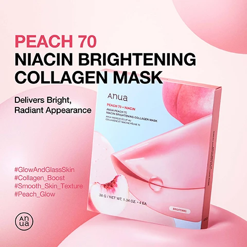 Image 1 - A pink packaging for Anuas Peach 70 Niacin Brightening Collagen Mask is displayed against a light pink background, featuring text that reads PEACH 70 NIACIN BRIGHTENING COLLAGEN MASK and Delivers Bright, Radiant Appearance along with hashtags and a logo.
              Image 2 - Image shows the packaging of Anuas Peach 70 Niacin Brightening Collagen Mask, surrounded by peach slices, with text highlighting benefits such as helps improve skin clarity and balance, helps skin look revitalized, and promotes smoother and firmer skin.
              Image 3 - A profile view of a person wearing a translucent pink facial mask with text that reads Keeps Skin Hydrated Even After Overnight Use along with descriptions of the masks benefits.
              Image 4 - A woman is applying a translucent facial mask, with instructions and a tip about its usage visible in the image text that reads: How to Use After cleansing and finish your skincare, apply the mask leave it for 3-4 hours until it turns transparent. Then, remove and pat in the remaining essence. PRO TIP Its great to apply the mask sheet on specific areas of concern, like smile lines, neck wrinkles, and eye wrinkles, for glass skin. Pair with your favorite serum for maximized results.
              Image 5 - An ingredient list for a cosmetic product featuring various components such as peach fruit water, glycerin, niacinamide, and multiple fruit extracts.