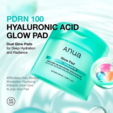 Image 1 - An image of a mint green jar labeled Anua PDRN 100 Hyaluronic Acid Glow Pad with visible text stating Dual Glow Pads for Deep Hydration and Radiance, and hashtags #Effortless Daily Routine, #Hydration Plumping, #Special Glow Care, #Large-Size Pad.
              Image 2 - Image of a blue gel-like product with water droplets, displaying the text Holy Grail for a Smooth, Moisture Plumping and descriptions about PDRN, Hyaluronic Acid, Peptide, and Collagen benefits.
              Image 3 - A woman with clear skin applies a skincare product, featuring translucent pads on her cheeks, with text indicating benefits: +86.13% Improves Skin Radiance, +10.62% Deep Hydration Retention, +9.85% Moisture-Plumped Cheeks, and additional clinical study details at the bottom.
              Image 4 - Image of a 7cm dual-sided pad for hydration, featuring a soft gel side and a gentle plain side, with text highlighting One Pad Is All You Need!, Soft & Hydrating Gel Side, Peptide-Infused Fabric, Gentle Plain Side, and Low-irritation Vegan Fabric.
              Image 5 - Image shows a side-by-side comparison of skin hydration before and after use, with the left side labeled Before and the right side labeled After Use, illustrating a significant improvement in skin texture; visible text reads 125.39% Improvement in Skin Hydration Immediately After Use (Temporary Effect) and includes additional study details at the bottom.
              Image 6 - An image showing a skincare product usage guide with a serum bottle labeled Anua 100+ and a jar labeled Anua Glow Pad PDRN + HYALURON, including step-by-step usage instructions and tips for application, with visible text detailing each step.
              Image 7 - Image of an ingredient list for a skincare product, including various extracts and chemicals such as Aqua, Butylene Glycol, and Niacinamide, displayed on a turquoise background.