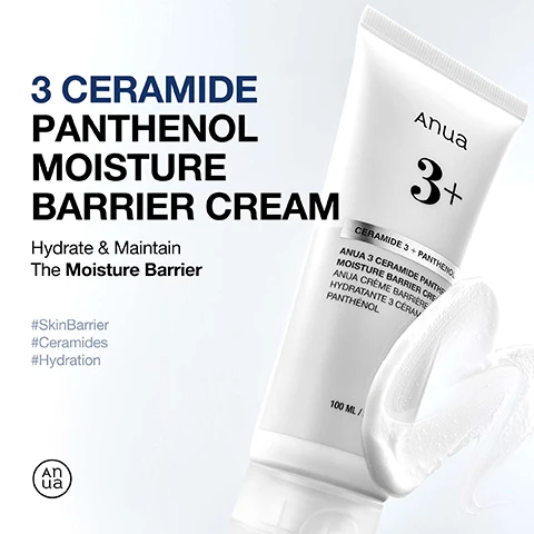 Image 1 - A tube of Anua 3+ Ceramide Panthenol Moisture Barrier Cream with a swirl of cream beside it, featuring the text 3 CERAMIDE PANTHENOL MOISTURE BARRIER CREAM Hydrate & Maintain The Moisture Barrier #SkinBarrier #Ceramides #Hydration 100 ML.
              Image 2 - Image of three tubes of Anua 3+ non-comedogenic moisturizer with visible text highlighting key ingredients and benefits, including ceramide capsules, centella extract, and hydrating components.
              Image 3 - Image of a creamy emulsion flowing from a container, with text detailing three types of ceramide capsules for enhancing the skin moisture barrier and a description of their properties, which includes Ceramide NP, Ceramide EOP, and Ceramide AP.
              Image 4 - A graph showing a significant reduction in moisture loss for healthier skin, indicating moisture loss decreased by 46.53% from 11.82 g/m2h before use to 6.32 g/m2h after two weeks, with text at the bottom noting individual results may vary and referencing a clinical study.
              Image 5 - A close-up of a hand with lotion being dispensed onto the skin, with text that reads When To Apply and additional instructions on application and usage frequency.
              Image 6 - An ingredient list featuring various components such as Aqua, Panthenol, Butylene Glycol, and others, with the title Ingredient List at the top.