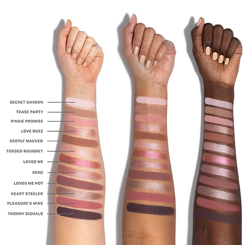 Image 1 - Three arms of different skin tones are shown with various makeup swatches displayed in rows, labeled with names like Secret Garden, Tease Party, Pinkie Promise, and more, alongside corresponding shades.
              Image 2 - A collection of twelve shades of pressed eyeshadow arranged in a grid, each shade is labeled with a number and a name; colors include soft pinks, rich browns, and shimmery tones.
              Image 3 - Close-up of a persons eye with brown and pink eyeshadow, thick eyelashes, and a light brown eyebrow, with swatches of pink shades labeled 01, 03, and 11 in the lower left corner.
              Image 4 - A close-up of a womans eye showcasing a soft, shimmery eyeshadow in shades of pink and brown, with a color palette below displaying swatches labeled 01, 02, 06, 08, and 12.
              Image 5 - Image features a textured background with swatches of eyeshadow in various shades, including a deep brown and a shimmering pink, alongside text that highlights features of the Chromaplus blend, including pigment-packed performance, all-day wear, and luxurious blendability. The visible text states: THE POWER OF CHROMAPLUS BLEND, PIGMENT-PACKED PERFORMANCE High-impact color in a single swipe.*, ALL-DAY, CREASEPROOF WEAR Vibrancy that stays put—no creasing or fading.*, LUXURIOUS BLENDABILITY & BUILDABILITY Nonpatchy, seamless application and a silky-smooth feel.*
              Image 6 - A display of three open makeup palettes with various eyeshadow colors, surrounded by text that highlights features such as Next-Gen Formats, Endless Expression, and Ready When You Are.
              Image 7 - Image shows three sections of differently textured powders with labels; the first section labeled SEAMLESS MATTES describes a light pink matte texture, the second labeled LUMINOUS SHIMMERS showcases a shimmery pink texture, and the third labeled HIGH-SHINE METALLICS features a glittery pink metallic texture, all under the heading EXPRESSIVE FINISHES. EFFORTLESS DIMENSION.