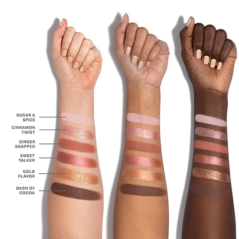 Image 1 - Three arms with different skin tones show swatches of eyeshadow shades labeled from left to right as Sugar & Spice, Cinnamon Twist, Ginger Snapped, Sweet Talker, Gold Flavor, and Dash of Cocoa.
              Image 2 - The image shows six mineral eyeshadow shades arranged in two rows, with color numbers and names underneath each shade: 01 Sugar & Spice, 02 Cinnamon Twist, 03 Ginger Snapped, 04 Sweet Talker, 05 Gold Flavor, and 06 Dash of Cocoa.
              Image 3 - A close-up of an eye featuring shimmery eyeshadow in warm tones with prominent eyelashes, and a palette showing three shades labeled 01, 02, and 03 below.
              Image 4 - A close-up image of a womans eye showcasing shimmery rose and gold eyeshadow, with the eyelid embellished in glittery hues, and a color palette at the bottom displaying shades labeled 01, 03, and 05.
              Image 5 - An image showcasing different shades of makeup powder with text that reads: The power of Chromaplus blend, Pigment-packed performance, High-impact color in a single swipe, All-day, creaseproof wear, Vibrancy that stays put—no creasing or fading, Luxurious blendability & buildability, Nonpatchy, seamless application and a silky-smooth feel.
              Image 6 - Image depicts three makeup palettes with vibrant packaging featuring green and orange gradient designs, along with text that reads INFINITE BUT COMPACT CURATIONS, NEXT-GEN FORMATS, ENDLESS EXPRESSION, and READY WHEN YOU ARE.
              Image 7 - Image showcases three sections of different cosmetic textures: the top section labeled SEAMLESS MATTES shows smooth, creamy powder, the middle section labeled LUMINOUS SHIMMERS features a sparkling, shimmery texture, and the bottom section labeled ULTRAREFLECTIVE MOLTEN METALS displays a reflective metallic substance; each section includes descriptive text about their application and finish.