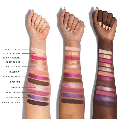 Image 1 - Three arms with swatched makeup colors in a gradient display, showcasing shades labeled from left to right as Cream On Top, Slice of Delight, Berry Magnetic, Honey Spiked, Sugar Surge, Peach Pop, Pick You Boysen, Over Ripe, So Juicy, Tart-Stopping, Grape Glare, and Polarizing Plum.
              Image 2 - A grid of twelve colorful eye shadow shades arranged in two rows, with numbers and names under each shade: 01 Cream on Top, 02 Slice of Delight, 03 Berry Magnetic, 04 Honey Spiked, 05 Sugar Surge, 06 Peach Pop, 07 Pick Your Boysen, 08 Over Ripe, 09 So Juicy, 10 Tart-Stopping, 11 Grape Glare, 12 Polarizing Plum.
              Image 3 - Close-up of an eye with shimmery pink and purple eyeshadow, featuring long eyelashes and a natural eyebrow, with three shades of eyeshadow swatches labeled 09, 10, and 11 at the bottom.
              Image 4 - A close-up of an eye with purple and pink eyeshadow, featuring a light shimmer on the eyelid and a brow with defined hairs, alongside a palette of eyeshadow colors labeled 05, 06, 10, and 11 at the bottom.
              Image 5 - An image displaying various makeup powders in shades of brown and pink, with text highlighting features such as pigment-packed performance, all-day creaseproof wear, and luxurious blendability and buildability.
              Image 6 - Image of three eyeshadow palettes from Morphe, showcasing a vibrant design with shades of green and gold on their covers, along with visible text: INFINITE BUT COMPACT CURATIONS, NEXT-GEN FORMATS, ENDLESS EXPRESSION, READY WHEN YOU ARE.
              Image 7 - A textured background showcases three categories of makeup finishes: seamless mattes with a light pink surface, luminous shimmers with a sparkling pink finish, and high-shine metallics with a glittery appearance, accompanied by descriptive text for each category.