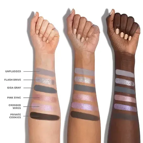 Image 1 - Three arms with varying skin tones are shown displaying swatches of makeup colors labeled as Unplugged, Flash Drive, Giga Gray, Pink Sync, Crossed Wires, and Private Cookies.
              Image 2 - An arrangement of six piles of colored powder, including shades of gray, pink, and silver, labeled with numbers 01 to 06 and corresponding names: Unplugged, Flash Drive, Giga Gray, Pink Sync, Crossed Wires, and Private Cookies.
              Image 3 - Close-up of a womans eye showcasing shimmery silver and pink eyeshadow, long eyelashes, and neatly groomed eyebrows, with swatches labeled 04 and 05 visible in the lower left corner.
              Image 4 - A close-up of a womans eye showcasing a dramatic eyeshadow look featuring shades of silver and gray, with a hint of shimmer, and color swatches labeled 01, 02, 03 displayed at the bottom.
              Image 5 - Image of several crushed makeup powders in muted shades, with descriptive text highlighting the benefits of the Chromaplus blend: pigment-packed performance, all-day creaseproof wear, and luxurious blendability and buildability.
              Image 6 - A visually appealing image showcasing three compact eyeshadow palettes from Morphe, with vibrant shades and textures, accompanied by text that reads INFINITE BUT COMPACT CURATIONS, NEXT-GEN FORMATS Choose from 6- or 12-pan palettes—designed for any mood and every moment, ENDLESS EXPRESSION Build versatile looks with timeless and trending shades, and READY WHEN YOU ARE Apply on the go with a built-in mirror.
              Image 7 - Image features three sections showcasing different cosmetic finishes: the top section labeled SEAMLESS MATTES shows a light brown matte powder, the middle section labeled LUMINOUS SHIMMERS displays a pink shimmery powder, and the bottom section labeled ULTRAREFLECTIVE MOLTEN METALS features a metallic pink substance, with descriptions of each finish below the respective labels.Image 8 - A swatch of pink metallic eyeshadow and an open palette with six eyeshadow pans, one showing a split view of the metallic shade applied dry and wet, with the Morphe logo, and the text MEET MOLTEN METAL EYESHADOW Exclusive formula-flexing shadow in ChromaPlus 6-Pan Eyeshadow Palettes Apply dry for luminous effects Apply wet for molten-like shine Just spray your brush tip with Continuous Setting Mist before picking up and gliding along lash lines or creases MORPHE M.