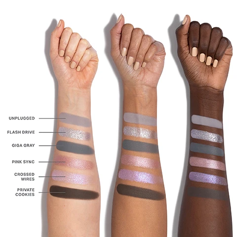 Image 1 - Three arms with varying skin tones are shown displaying swatches of makeup colors labeled as Unplugged, Flash Drive, Giga Gray, Pink Sync, Crossed Wires, and Private Cookies.
              Image 2 - An arrangement of six piles of colored powder, including shades of gray, pink, and silver, labeled with numbers 01 to 06 and corresponding names: Unplugged, Flash Drive, Giga Gray, Pink Sync, Crossed Wires, and Private Cookies.
              Image 3 - Close-up of a womans eye showcasing shimmery silver and pink eyeshadow, long eyelashes, and neatly groomed eyebrows, with swatches labeled 04 and 05 visible in the lower left corner.
              Image 4 - A close-up of a womans eye showcasing a dramatic eyeshadow look featuring shades of silver and gray, with a hint of shimmer, and color swatches labeled 01, 02, 03 displayed at the bottom.
              Image 5 - Image of several crushed makeup powders in muted shades, with descriptive text highlighting the benefits of the Chromaplus blend: pigment-packed performance, all-day creaseproof wear, and luxurious blendability and buildability.
              Image 6 - A visually appealing image showcasing three compact eyeshadow palettes from Morphe, with vibrant shades and textures, accompanied by text that reads INFINITE BUT COMPACT CURATIONS, NEXT-GEN FORMATS Choose from 6- or 12-pan palettes—designed for any mood and every moment, ENDLESS EXPRESSION Build versatile looks with timeless and trending shades, and READY WHEN YOU ARE Apply on the go with a built-in mirror.
              Image 7 - Image features three sections showcasing different cosmetic finishes: the top section labeled SEAMLESS MATTES shows a light brown matte powder, the middle section labeled LUMINOUS SHIMMERS displays a pink shimmery powder, and the bottom section labeled ULTRAREFLECTIVE MOLTEN METALS features a metallic pink substance, with descriptions of each finish below the respective labels.