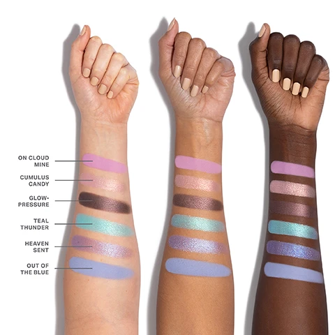 Image 1 - Three arms with swatches of cosmetics in various colors are displayed against a white background, with the left arm showing six swatches labeled On Cloud Mine, Cumulus Candy, Glow-Pressure, Teal Thunder, Heaven Sent, and Out of the Blue, while the middle arm and right arm show similar swatches without labels.
              Image 2 - A collection of six colorful eyeshadow swatches in various shades, labeled from 01 to 06, with visible names as follows: 01 On Cloud Mine, 02 Cumulus Candy, 03 Glow-Pressure, 04 Teal Thunder, 05 Heaven Sent, and 06 Out of the Blue.
              Image 3 - A close-up image of an eye showcasing shimmery pink and purple eyeshadow, with three shades of eyeshadow in the bottom left corner labeled 01, 02, and 03.
              Image 4 - Close-up of an eye featuring iridescent eyeshadow in shades of purple and teal, with visible swatches labeled 01, 02, 04, and 05 below.
              Image 5 - An image featuring textured cosmetic powders in various shades of brown and pink, with text blocks describing the benefits of a chromaplus blend including pigment-packed performance, all-day creaseproof wear, and luxurious blendability and buildability.
              Image 6 - A display of three eyeshadow palettes with vibrant shades, featuring text that reads INFINITE BUT COMPACT CURATIONS, NEXT-GEN FORMATS Choose from 6- or 12-pan palettes—designed for any mood and every moment, ENDLESS EXPRESSION Build versatile looks with timeless and trending shades, and READY WHEN YOU ARE Apply on the go with a built-in mirror.
              Image 7 - Image showing four types of eyeshadow finishes with descriptions: Seamless Mattes with pink texture and description, Luminous Shimmers with a shimmery brown texture and description, High-Shine Metallics with a bright teal texture and description, and Ultrareflective Molten Metals with a soft pink metallic texture and description; visible text reads EXPRESSIVE FINISHES. EFFORTLESS DIMENSION.