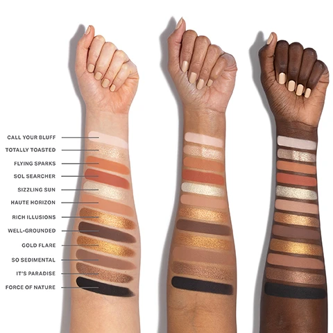 Image 1 - Three arms show swatches of various makeup shades, with a range of colors from light to dark, labeled with names including Call Your Bluff, Totally Toasted, and Force of Nature.
              Image 2 - A display of twelve makeup shades arranged in a grid format, each with a unique color and texture, labeled with numbers and names, including shades like Call Your Bluff, Sizzling Sun, and Gold Flare.
              Image 3 - A close-up of an eye showcasing a smoky eye makeup look with shades of brown and black, featuring visible color swatches labeled 01, 06, 08, and 12 at the bottom.
              Image 4 - Close-up of a womans eye showcasing makeup with a gold and bronze eyeshadow, featuring long eyelashes and well-groomed eyebrows, with color swatches labeled 01, 03, 05, and 09 below.
              Image 5 - Image showing three swatches of makeup products in various shades of brown and pink, with text describing the benefits of Chromaplus Blend: pigment-packed performance, all-day creaseproof wear, and luxurious blendability and buildability.
              Image 6 - A display of three eyeshadow palettes from Morphe, showcasing various shades with intricate designs on the lids, accompanied by text highlighting features such as next-gen formats, endless expression, and on-the-go application.
              Image 7 - An image featuring three sections highlighting different makeup finishes: Seamless Mattes, which shows a soft pink texture with descriptive text about its blendability; Luminous Shimmers, displaying a radiant pink shimmer texture with text about its brightness; and High-Shine Metallics, showcasing a sparkling pink metallic texture accompanied by text on its light-catching properties.