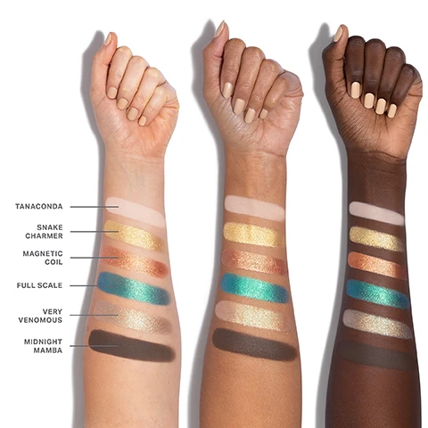 Image 1 - A close-up image of three arms displaying a variety of colorful eyeshadow swatches on their forearms, labeled from left to right with the names Tanaconda, Snake Charmer, Magnetic Coil, Full Scale, Very Venomous, and Midnight Mamba.
              Image 2 - A flat lay of six piles of colorful makeup, including shades of beige, gold, teal, bronze, and brown, with labels indicating their names: 01 Tanaconda, 02 Snake Charmer, 03 Magnetic Coil, 04 Full Scale, 05 Very Venomous, and 06 Midnight Mamba.
              Image 3 - Close-up of an eye with colorful eyeshadow featuring shades of blue and green, and shimmering highlights, alongside three small squares of eyeshadow shades labeled 02, 04, and 05.
              Image 4 - Close-up of an eye showing a dramatic makeup look with shimmering gold and dark shades, along with swatches of three eyeshadow colors labeled 01, 02, and 06.
              Image 5 - Image shows various textured makeup powders in shades of brown and pink, with accompanying text that states: THE POWER OF CHROMAPLUS BLEND, PIGMENT-PACKED PERFORMANCE, ALL-DAY, CREASEPROOF WEAR, LUXURIOUS BLENDABILITY & BUILDABILITY.
              Image 6 - An image of three compact eyeshadow palettes opened to display various shades of eyeshadow, featuring text that reads INFINITE BUT COMPACT CURATIONS, NEXT-GEN FORMATS Choose from 6- or 12-pan palettes—designed for any mood and every moment, ENDLESS EXPRESSION Build versatile looks with timeless and trending shades, and READY WHEN YOU ARE Apply on the go with a built-in mirror.
              Image 7 - Image shows three sections of makeup textures: the first section labeled Seamless Mattes features a light brown matte powder; the second section labeled High-Shine Metallics displays a shiny, shimmery bronze pigment; the third section labeled Ultrareflective Molten Metals presents a creamy, reflective light gold substance, with descriptive text underneath each section elaborating on the features of the finishes.