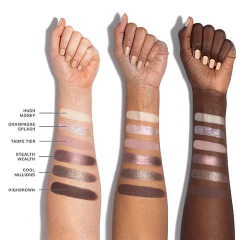 Image 1 - Three arms with various skin tones are shown swatching eight different eyeshadow shades, labeled from left to right as Hush Money, Champagne Splash, Taupe Tier, Stealth Wealth, Cool Millions, and Highbrown.
              Image 2 - A flat lay of six different shades of eyeshadow arranged in two rows, labeled from 01 to 06 with names including Hush Money, Champagne Splash, Taupe Tier, Stealth Wealth, Cool Millions, and Highbrown.
              Image 3 - Close-up of a womans eye with soft, blended eyeshadow in neutral tones and visible eyebrow, featuring swatches of eyeshadow colors labeled 02, 03, 05, and 06 at the bottom.
              Image 4 - Close-up of an eye showcasing a shimmering eyeshadow look with brown tones, and a color palette displaying shades 01, 02, 03, and 06 at the bottom.
              Image 5 - An image shows various shades of makeup powder, with promotional text on the left highlighting the benefits of the Chromaplus Blend, including pigment-packed performance, all-day creaseproof wear, and luxurious blendability and buildability.
              Image 6 - An image featuring three compact makeup palettes with vibrant designs, showing a range of eyeshadow colors, accompanied by promotional text that reads INFINITE BUT COMPACT CURATIONS, NEXT-GEN FORMATS, ENDLESS EXPRESSION, and READY WHEN YOU ARE.
              Image 7 - Image shows three sections of makeup products with textures: the first section labeled SEAMLESS MATTES features a light brown matte texture, the second labeled HIGH-SHINE METALLICS displays a shimmering dark pinkish texture, and the third labeled ULTRAREFLECTIVE MOLTEN METALS has a luminous goldish texture, with visible text describing the qualities of each finish.