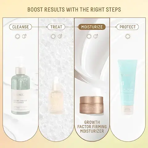 Image 1 - A four-step skincare routine diagram displays four vertical sections labeled Cleanse, Treat, Moisturize, and Protect, each containing a specific Biossance product and sun or moon icons, with the text BOOST RESULTS WITH THE RIGHT STEPS, CLEANSE, TREAT, MOISTURIZE, PROTECT, BIOSSANCE SQUALANE + AMINO ALOE GENTLE CLEANSER Amino Acid Complex & Aloe Deeply Cleanse Without Overdrying Un complexe dacides aminés et lAloe nettoient la peau en profondeur sans la dessécher, BIOSSANCE SQUALANE + FIRM AND LIFT DUAL SERUM Visibly Tightens + Hydrates Réserve visiblement les pores Acide hyaluronique, BIOSSANCE SQUALANE + GROWTH FACTOR FIRMING MOISTURIZER Cushion Cream Visibly Improves Elasticity La crème fondante améliore visiblement lélasticité, GROWTH FACTOR FIRMING MOISTURIZER, BIOSSANCE SPF 30 PLANT DERIVED SQUALANE SQUALANE + ZINC SHEER MINERAL SUNSCREEN Broad Spectrum SPF 30 PA+++ 50mL / 1.7 FL. OZ. Image 2 - A close-up of creamy, off-white texture features three text boxes connected by a dotted line, reading: Visibly improves firmness + fine lines; Restores the appearance of collagen-rich skin; Plush, cushion cream texture. Image 3 - Green plant shoots with leaves are shown immersed in a light yellow liquid with bubbles, with a translucent green tube spiraling around them, accompanied by text that reads: WHAT IS GROWTH FACTOR? NATURALLY FOUND IN SKIN, GROWTH FACTORS HELP TO MIMIC YOUTHFUL SKIN. SENDS TARGETED SIGNALS TO FIBROBLASTS—CELLS RESPONSIBLE FOR COLLAGEN PRODUCTION. STIMULATES CELLS TO ACT AND APPEAR YOUNGER, ENHANCING SKIN ELASTICITY. VISIBLY IMPROVES FIRMNESS FOR A MORE YOUTHFUL APPEARANCE. Image 4 - A scientific-themed image with glass labware containing pale liquids and plant elements on a cream background, presenting information titled TRIPLE BIOTECH BREAKTHROUGH, followed by BIOMIMETIC GROWTH FACTOR: PLANT-BASED PEPTIDE VISIBLY BOOSTS ELASTICITY + SUPPORTS A COLLAGEN-RICH COMPLEXION; CYCLIC PEPTIDE: BIOENGINEERED PEPTIDE STRUCTURE ENHANCES ABSORPTION TO PLUMP THE LOOK OF LINES; and ENCAPSULATED VEGAN COLLAGEN: FIRMS THE APPEARANCE OF AREAS PRONE TO COLLAGEN LOSS. Image 5 - A skincare comparison chart visually shows four Biossance moisturizer jars against a creamy white background, displaying the title FIND YOUR MOISTURE MATCH, and details for four products: Biossance Squalane + Omega Repair Cream, with sun and moon icons, for Dry to mature skin, a Rich cream texture, and results that Deeply nourish and support skin’s moisture barrier; Biossance Squalane + Probiotic Gel Moisturizer, also with sun and moon icons, for Oily to combination skin, a Lightweight gel texture, and results that Calm reactive, blemish-prone skin with lightweight moisture; Biossance Squalane + Growth Factor Firming Moisturizer, also with sun and moon icons, for Normal to dry skin, a Cushion cream texture, and results that Visibly improve laxity, fine lines, and bounce; and Biossance Squalane + Ectoin Overnight Rescue, with a moon icon, for All skin types including dry plus sensitive, an Ultra-rich cream texture, and results that Intensely replenish moisture plus renew stressed skin overnight. Image 6 - A collection of Biossance skincare products, including a green pump cleanser, a small green jar of peach eye cream, a golden serum dropper bottle, and a gold jar of white moisturizer, are artfully arranged with water droplets on a reflective surface against a beige background, illustrating OUTSMART FINE LINES IN 4 STEPS: Step 1 Amino Aloe Gentle Cleanser dissolves away dirt + makeup; Step 2 Marine Algae Eye Cream firms + smooths eye area; Step 3 Firm and Lift Dual Serum visibly lifts + sculpts; Step 4 Growth Factor Firming Moisturizer fades look of lines + wrinkles. Image 7 - A close-up shows a vibrant green plant stem with several dew-like drops of golden liquid, followed by text that reads Squalane The Superhydrator, A Molecular Moisture Match To Your Skin, Sugarcane-Derived Oil In Every Biossance Formula, Boosts Absorption Of Active Ingredients By 40X*, C30H62, *Based on a comparison study of squalane, caprylic/capric triglyceride, sunflower seed oil, and jojoba oil with retinyl acetate.Image 8 - A before and after comparison image shows a close-up of a persons face from the nose to the chin, with the BEFORE side revealing prominent wrinkles around the mouth and cheek area within a dotted oval, and the 4 WEEKS side showing visibly smoother skin and reduced wrinkles in the same highlighted region, along with the text 87% FELT FIRMER SKIN WITH VISIBLE IMPROVEMENT TO SIGNS OF COLLAGEN LOSS* *BASED ON PARTICIPANT QUESTIONNAIRES FROM A CLINICAL STUDY ON 31 WOMEN, ADMINISTERED AFTER 4 WEEKS OF TWICE-DAILY USE. Image 9 - A before and after comparison shows a womans face with a visible reduction in fine lines and improved skin texture on the right side after 4 weeks, with text that reads: BEFORE, 4 WEEKS, 90% NOTICED A HEALTHY BOUNCE AND SMOOTHER, MORE REFINED SKIN*, *BASED ON PARTICIPANT QUESTIONNAIRES FROM A CLINICAL STUDY ON 31 WOMEN, ADMINISTERED AFTER 4 WEEKS OF TWICE-DAILY USE.