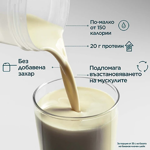 Image 1 - A light-colored liquid is poured from a clear container into a glass, with accompanying text reading Без добавена захар, По-малко от 150 калории, 20 г протеин, Подпомага възстановяването на мускулите, За порция от 35 г, на базата на бананов млечен шейк. Image 2 - A smiling man in a grey t-shirt is pictured next to text that reads НАУЧНО РАЗРАБОТЕНИ И ОДОБРЕНИ ОТ СПОРТИСТИ Разработени от квалифицирани вътрешнофирмени диетолози. Непрекъснати иновации, ръководени от нашата Комисия за Ефективност, състояща се от експертни изследователи, лекари и елитни спортисти. Пол Смит-Джонсън Ръководител на отдел Иновации. Image 3 - A hand holds a transparent shaker bottle with a black lid, containing a light yellow liquid and displaying the Myprotein logo, with overlaying text that reads: МАРКА № 1 ЗА ХРАНИТЕЛНИ ДОБАВКИ ВЪВ ВЕЛИКОБРИТАНИЯ, Последователност, качество и над 20 години опит в правилната насока, Подкрепено от Euromonitor, световният лидер в сферата, Източник: Euromonitor International Limited; Consumer Health 2023ed, продажби на дребно на Myprotein, данни за света за 2023 г. Image 4 - A person drinks from a white protein shaker bottle with yellow liquid against a blurred outdoor background, with text that reads ПРОСЛЕДЯВАНЕ ОТ НАЧАЛО ДО КРАЙ, Тестван за вредни замърсители като тежки метали, микроби и недекларирани алергени — всичко това под строг контрол за безопасност, a logo that says BRCGS Food Safety CERTIFICATED, and the bottle itself has PROTEIN written on it.