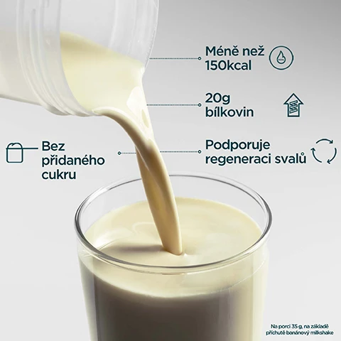 Image 1 - A light-yellow protein shake is being poured from a clear container into a glass, with accompanying text that reads Méně než 150kcal, 20g bílkovin, Podporuje regeneraci svalů, Bez přidaného cukru, and Na porci 35 g, na základě příchutě banánový milkshake. Image 2 - A smiling man in a grey t-shirt stands on the right next to text on a light background that reads: PODPOŘENO VĚDOU, OVĚŘENO SPORTOVCI. Formulováno našimi odborníky na výživu. Neustále inovujeme díky podpoře špičkových výzkumníků, lékařů a elitních sportovců z naší Performance Advisory Board. Paul Smith-Johnson, Head of Innovation. Image 3 - A hand holds a transparent shaker bottle filled with a light-colored liquid, displaying the MYPROTEIN logo on the side. Visible text reads BRITSKÁ 1 VE SPORTORNÍ VÝŽIVĚ Konzistence, kvalita a přes 20 let zkušeností. Podloženo daty od Euromonitoru – světové autority v oblasti tržních analýz. Zroj: Euromonitor International Limited; Consumer Health 2023 ed., maloobchodní tržby značky Myprotein, světová data za rok 2023. Image 4 - An image shows a person drinking from a shaker bottle containing yellow liquid, with text overlaying the image that reads STOPROCENTNÍ KONTROLA OD ZAČÁTKU AŽ DO KONCE Testováno na škodlivé kontaminanty, jako jsou těžké kovy, mikroorganismy a neuvedené alergeny – vše pod přísnou bezpečnostní kontrolou, along with a BRGS Food Safety CERTIFICATED logo and the word PROTEIN on the bottle.