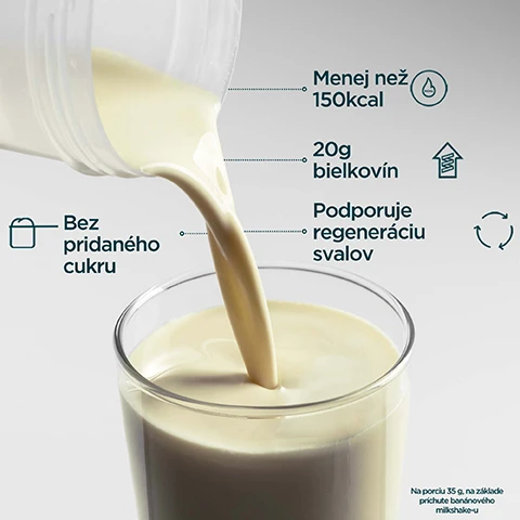 Image 1 - A light-colored protein shake is being poured from a container into a glass, with text describing its benefits: Menej než 150kcal, 20g bielkovín, Podporuje regeneráciu svalov, Bez pridaného cukru, and Na porciu 35 g, na základe príchute banánového milkshake-u. Image 2 - A smiling man in a grey t-shirt stands on the right side of the image, next to text that reads PODPORENÉ VEDOU, OVERENÉ ŠPORTOVCAMI Formulované našimi odborníkmi na výživu. Neustále inovujeme vďaka podpore špičkových výskumníkov, lekárov a elitných športovcov z našej Performance Advisory Board. Paul Smith-Johnson Head of Innovation. Image 3 - A persons hand holds a clear shaker bottle with a black lid, containing a light yellow liquid, with the MYPROTEIN logo visible on the side, accompanied by the text: BRITSKÁ JEDNOTKA VO ŠPORTOVEJ VÝŽIVE Konzistencia, kvalita a viac než 20 rokov skúseností. Podložené dátami od Euromonitoru – svetovej authority v oblasti trhových analýz. Zdroj: Euromonitor International Limited; Consumer Health 2023 edícia, maloobchodné tržby značky Myprotein, svetové údaje za rok 2023. Image 4 - A person drinks from a white shaker bottle with a yellow beverage, against a grassy outdoor background, with text that reads STOPERCENTNÁ KONTROLA OD ZAČIATKU AŽ DO KONCA, Testované na škodlivé kontaminanty, ako ťažké kovy, mikroorganizmy a neuvedené alergény – všetko pod prísnou bezpečnostnou kontrolou, and a BRGS Food Safety CERTIFICATED logo, while the word PROTEIN is visible on the bottle.