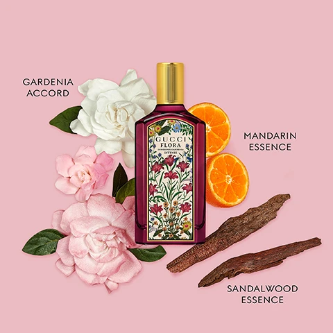 Image 3 - A Gucci Flora Gorgeous Gardenia Intense perfume bottle is shown with gardenias, orange slices, and sandalwood pieces, with text reading GUCCI FLORA GORGEOUS GARDENIA INTENSE GARDENIA ACCORD MANDARIN ESSENCE SANDALWOOD ESSENCE. Image 5 - Five colorful Gucci Flora Gorgeous perfume bottles displayed among flowers and greenery with visible text GORGEOUS MAGNOLIA GORGEOUS GARDENIA GORGEOUS GARDENIA INTENSE GORGEOUS ORCHID GORGEOUS JASMINE MAGNOLIA ESSENCE DEWBERRIES ACCORD PATCHOULI ESSENCE WHITE GARDENIA GRANDIFLORUM JASMINE PEAR BLOSSOM MANDARIN ESSENCE GARDENIA ACCORD SANDALWOOD ESSENCE VANILLA ORCHID VANILLA DUO OZONIC ACCORD GRANDIFLORUM JASMINE MAGNOLIA ACCORD MANDARINE ESSENCE.