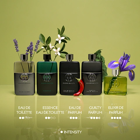 Image 6 - Five Gucci Guilty Pour Homme fragrance bottles are displayed with botanical elements and a red pepper behind them, with corresponding labels and intensity indicators below GUCCI GUILTY POUR HOMME GUCCI GUILTY ESSENCE GUCCI GUILTY EAU DE PARFUM POUR HOMME GUCCI GUILTY PARFUM POUR HOMME GUCCI GUILTY ELIXIR DE PARFUM POUR HOMME EAU DE TOILETTE ESSENCE EAU DE TOILETTE EAU DE PARFUM GUILTY PARFUM ELIXIR DE PARFUM INTENSITY.
