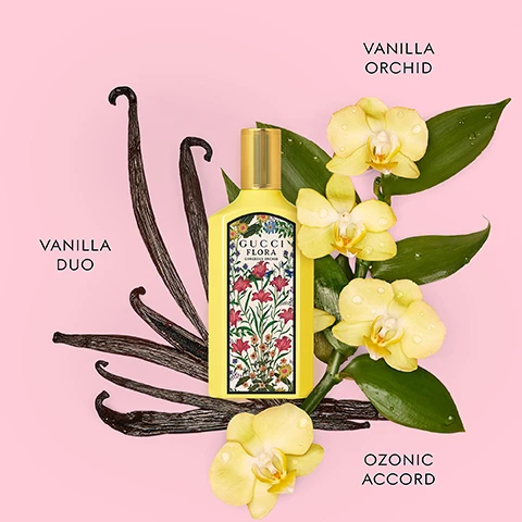 Image 3 - A yellow Gucci Flora Gorgeous Orchid perfume bottle is surrounded by vanilla beans and yellow orchids with water droplets on a pink background, with the text Gucci Flora Gorgeous Orchid Vanilla Duo Vanilla Orchid Ozonic Accord. Image 5 - A woman lies in flowers holding a floral perfume bottle in front of the Hollywood sign, with the text GUCCI FLORA. Image 6 - Four colorful Gucci Flora Gorgeous perfume bottles in purple, pink, yellow, and teal are shown among flowers alongside the text Gorgeous Magnolia Magnolia Essence Dewberries Accord Patchouli Essence, Gorgeous Gardenia White Gardenia Grandiflorum Jasmine Pear Blossom, Gorgeous Orchid Vanilla Orchid Vanilla Duo Ozonic Accord, and Gorgeous Jasmine Grandiflorum Jasmine Magnolia Accord Mandarine Essence.