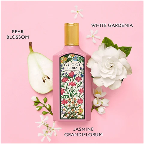 Image 1 - A pink Gucci Flora Gorgeous Gardenia perfume bottle with a floral pattern label is displayed with a sliced pear, white gardenia flower, and jasmine flowers on a pink background, with text labels reading PEAR BLOSSOM, WHITE GARDENIA, and JASMINE GRANDIFLORUM. Image 2 - Four colorful perfume bottles, purple, pink, yellow, and teal, with gold caps and floral labels are surrounded by flowers, with text describing each scent above. GORGEOUS MAGNOLIA MAGNOLIA ESSENCE DEWBERRIES ACCORD PATCHOULI ESSENCE, GORGEOUS GARDENIA WHITE GARDENIA GRANDIFLORUM JASMINE PEAR BLOSSOM, GORGEOUS ORCHID VANILLA ORCHID VANILLA DUO OZONIC ACCORD, GORGEOUS JASMINE GRANDIFLORUM JASMINE MAGNOLIA ACCORD MANDARINE ESSENCE, GUCCI FLORA GORGEOUS MAGNOLIA, GUCCI FLORA GORGEOUS GARDENIA, GUCCI FLORA GORGEOUS ORCHID, GUCCI FLORA GORGEOUS JASMINE.