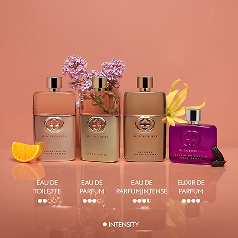 Image 5 - Four Gucci Guilty perfume bottles are displayed from left to right including Eau de Toilette, Eau de Parfum, Eau de Parfum Intense, and Elixir de Parfum, accompanied by an orange slice, pink flowers, a yellow flower, and dark pods, with visible text reading GUCCI GUILTY EAU DE TOILETTE POUR FEMME, GUCCI GUILTY POUR FEMME, GUCCI GUILTY INTENSE POUR FEMME, GUCCI GUILTY ELIXIR DE PARFUM POUR FEMME, EAU DE TOILETTE, EAU DE PARFUM, EAU DE PARFUM INTENSE, ELIXIR DE PARFUM, and INTENSITY.