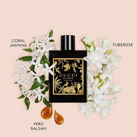Image 2 - A black and gold perfume bottle is surrounded by white jasmine and tuberose flowers and two drops of golden liquid, with text Gucci Bloom Parfum, Coral Jasmine, Tuberose, and Perù Balsam. Image 3 - Four different Gucci Bloom perfume bottles are shown floating in water with flowers, with text labels above reading EAU DE TOILETTE LUMINOUS FRESHNESS, EAU DE PARFUM ICONIC FLORALITY, EAU DE PARFUM INTENSE SENSUAL CHYPRE, PARFUM SOLAR AMBER, and the bottles themselves are labeled GUCCI BLOOM EAU DE TOILETTE, GUCCI BLOOM, GUCCI BLOOM INTENSE, GUCCI BLOOM PARFUM. Image 5 - Three women lie in dark water among lily pads and flowers, with three perfume bottles, featuring the text GUCCI BLOOM.