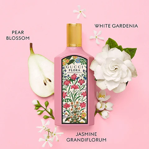 Image 3 - A pink perfume bottle with floral label, surrounded by a cut pear, white gardenia, and jasmine flowers on a pink background, with text reading GUCCI FLORA GORGEOUS GARDENIA PEAR BLOSSOM WHITE GARDENIA JASMINE GRANDIFLORUM. Image 5 - Miley Cyrus sits among flowers with the Gucci Flora logo behind her, holding a yellow perfume bottle, with two perfume bottles shown below, displaying the text GUCCI FLORA FLORA GORGEOUS GARDENIA & GORGEOUS ORCHID THE NEW EAU DE PARFUM GUCCI FLORA GORGEOUS GARDENIA GUCCI FLORA GORGEOUS ORCHID. Image 6 - Four Gucci Flora Gorgeous perfume bottles in purple, pink, yellow, and turquoise are arranged among flowers with text GORGEOUS MAGNOLIA MAGNOLIA ESSENCE DEWBERRIES ACCORD PATCHOULI ESSENCE GUCCI FLORA GORGEOUS MAGNOLIA GORGEOUS GARDENIA WHITE GARDENIA GRANDIFLORUM JASMINE PEAR BLOSSOM GUCCI FLORA GORGEOUS GARDENIA GORGEOUS ORCHID VANILLA ORCHID VANILLA DUO OZONIC ACCORD GUCCI FLORA GORGEOUS ORCHID GORGEOUS JASMINE GRANDIFLORUM JASMINE MAGNOLIA ACCORD MANDARINE ESSENCE GUCCI FLORA GORGEOUS JASMINE.