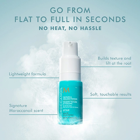 Image 2 - A blue and white bottle of Moroccanoil Texture & Volume Powder is centered on a light blue background with wisps of white, surrounded by descriptive text that reads GO FROM FLAT TO FULL IN SECONDS NO HEAT, NO HASSLE, Lightweight formula, Signature Moroccanoil scent, Builds texture and lift at the root, Soft, touchable results, and on the bottle itself, MOROCCANOIL M TEXTURE & VOLUME POWDER POUDRE TEXTURE ET VOLUME For all hair types Pour tous les types de cheveux STYLE instant lift lift immediat NET WT. 0.28 OZ. / 8 g. Image 3 - A hand holds a turquoise and white Moroccanoil Texture & Volume Powder bottle, spraying a fine mist, with overlay text that reads: 48 hours of long-lasting lift¹, 98% agree hair has instant body and root lift², 98% agree hair doesnt feel sticky, crunchy, or stiff², 93% agree this product revives limp and flat hair², MOROCCANOIL M logo TEXTURE & VOLUME POWDER POUDRE TEXTURE ET VOLUME style with Argan Oil 0.28 OZ. / 8 G, ¹Based on results of an independent lab study. ²Based on results of a consumer study. Image 4 - An instructional graphic shows how to use a product with text that reads: HOW TO USE TEXTURE & VOLUME POWDER, STEP 1 Pull off cap and section hair. STEP 2 Apply 4–6 inches away from dry roots, gently pressing on pump to disperse. STEP 3 Start with one pump, adding more to build volume as needed. STEP 4 Style with fingers until desired result is achieved. STEP 5 Tousle hair to reactivate texture and volume throughout the day. Image 5 - The image shows two ingredient descriptions on a textured white background: an icon of argan nuts with the text ARGAN OIL Rich in essential fatty acids and antioxidants to help nourish hair, and an icon of a 3D cube with the text 3D MINERAL COMPOUND Helps boost volume by forming 3D links to lift hair and prevent it from lying flat. Image 6 - Five teal Moroccanoil hair product bottles are arranged on a reflective surface against a light blue background, with visible text reading USE ALONE OR PAIR WITH YOUR FAVORITE VOLUME STYLERS, Moroccanoil Volumizing Mist 5.4 FL.OZ. / 160 ML, Root Boost NET WT. 8.5 OZ. (250 g), Texture & Modeling Powder NET WT. 0.25 OZ. / 7.0 G, Volumizing Mousse NET WT. 8.5 OZ. (250 g), and Thickening Lotion 3.4 FL.OZ. / 100 ML. Image 7 - A woman with long dark hair is shown in a split image, with straighter hair on the left and voluminous wavy hair on the right, captioned BEFORE and AFTER.