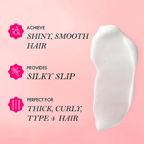 Image 3 - A dollop of hair cream is shown against a pink background, with text stating Achieve shiny, smooth hair, Provides silky slip, and Perfect for thick, curly, type 4 hair.
              Image 4 - A bottle of Mielle Pomegranate & Honey Moisturizing and Detangling Conditioner sits against a pink background, surrounded by pomegranate seeds; visible text includes HOW TO USE, CLEANSE, PRIME, and DEFINE, with instructions for each step.