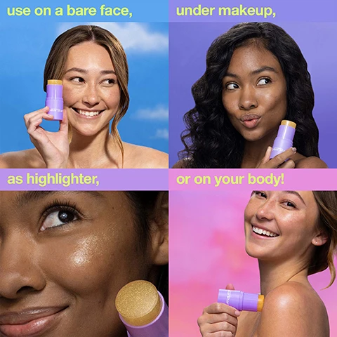 Image 1 - A four-panel image shows people using a purple stick product with text overlay that reads use on a bare face, under makeup, as highlighter, or on your body! Image 2 - Close-up of two people with different skin tones smiling, showing shimmering skin, with text that says shimmering glow with no white cast for all skin tones. Image 3 - A smiling woman applies a purple stick to her shoulder, with the text shimmering + hydrating spf stick for face + body and dermalogica bear star visible in the image. Image 4 - A hand holds a purple stick product with an orange golden shimmer top against a pink and orange background, with text reading spf 30 broad spectrum uv protection, golden shimmer for a beachy glow for all skin tones, willow bark extract helps keep pores clear, and dermalogica clear start. Image 5 - A purple sunscreen stick stands in sand against a colorful gradient background, with overlaid text reading golden hour hydrating spf 30 stick UVA UVB broad spectrum high protection dermalogica clear start non-comedogenic formula wont clog pores squalane + jojoba oil for lasting hydration portable for a glow on the go. Image 6 - A split image shows a womans face before and after applying a product, with the after side showing smoother skin and text reading before after application.