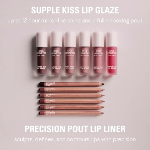 Image 1 - Several Kylie Cosmetics lip glazes and lip liner pencils in various shades are displayed with the text SUPPLE KISS LIP GLAZE up to 12 hour mirror-like shine and a fuller-looking pout and PRECISION POUT LIP LINER sculpts, defines, and contours lips with precision. Image 2 - Image shows six makeup shades with swatches of lip product and lip liner along with the text AVAILABLE IN 6 SHADES, kylie, coconut 2.0, candy pink, comes naturally, dolce k, espresso. Image 3 - A swatch of brown lip product and a broken brown lip liner pencil are shown next to text that reads WHY WE LOVE IT contoured & glossy ultra-precise, wooden lip liner glowy, long-lasting gloss.